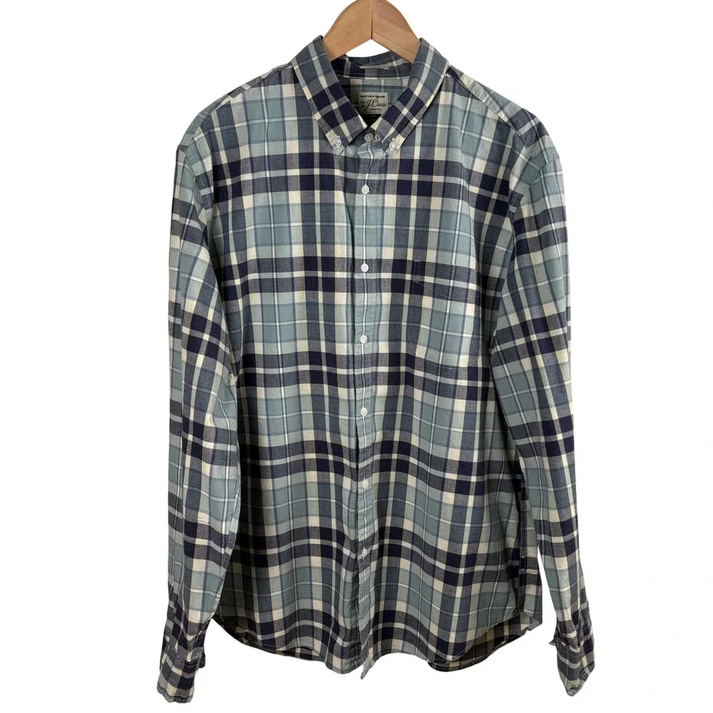 J. Crew Plaid Button-Down Shirt Classic Fit Mens XL Cotton Stretch Blue Preppy